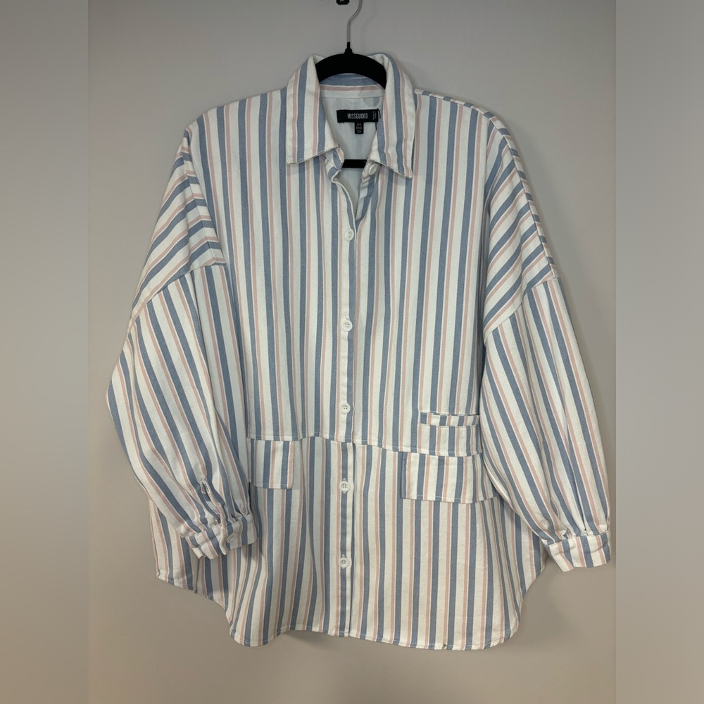 Missguided Oversized Baggy Denim Jacket‎ White Blue And Pink Striped Jacket